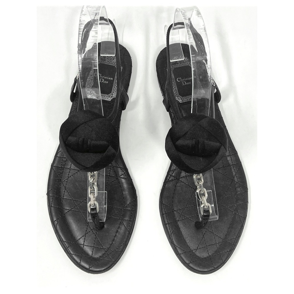 Christian Dior Delices Thong‎ Flat Sandals Black Leather Cannage Rosette 36